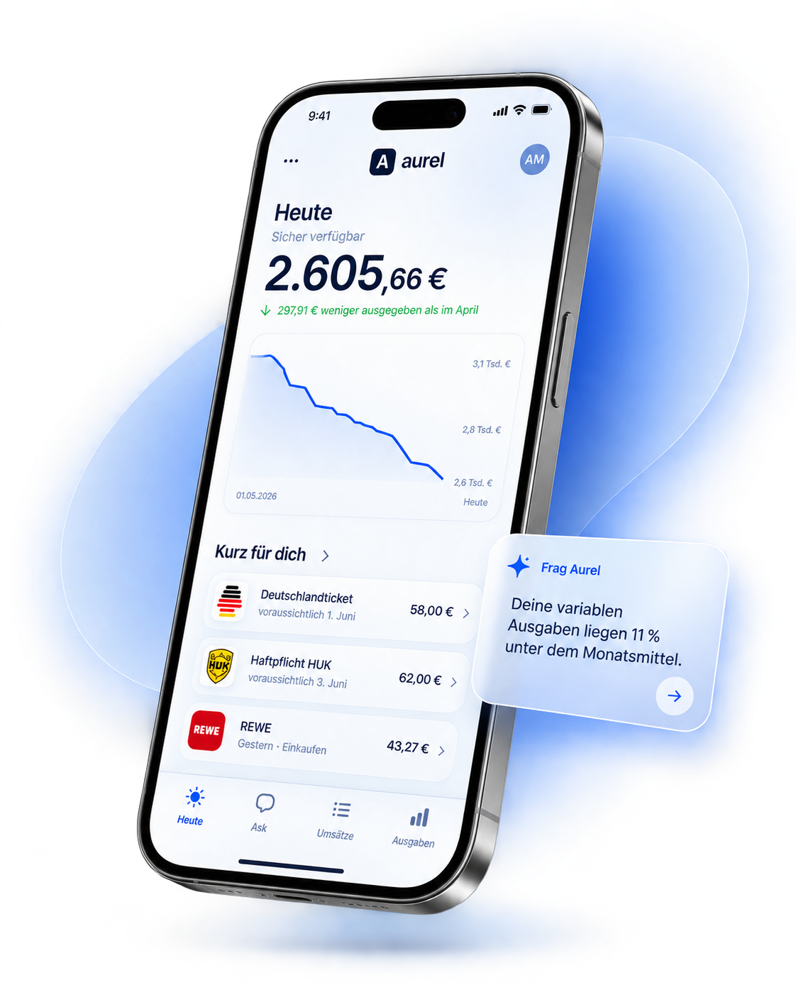 Aurel Finance auf dem iPhone mit Finanzverlauf, bevorstehenden Zahlungen und Frag Aurel